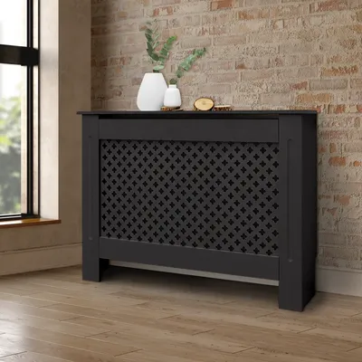 Produktbild von ECD Germany Heizkörperverkleidung mit Wabenmuster 112x19x82 cm, Schwarz, aus MDF lackiert für Schlafzimmer Wohnzimmer