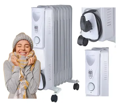 A woman is happily posing next to an electric oil heater, with close-up shots of the heater's cord storage and control panel.