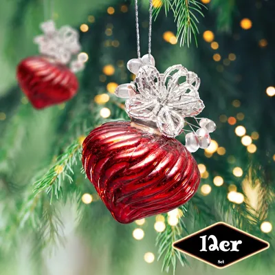 Produktbild von Christbaumkugelset, Erdbeere, 12er Set | Glas, rot, Struktur | H8,0xB6,0cm