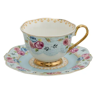 Image de Clayre & Eef Tasse avec soucoupe 160 ml Bleu Blanc Porcelaine Fleurs