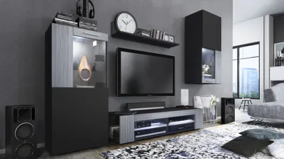 Produktbild von Vladon Wohnwand Movie, Anbauwand bestehend aus 1 TV-Board, 2 Vitrinen und 1 Regal, Schwarz matt/Schwarz matt/Avola-Anthrazit, inkl. LED-Beleuchtung weiß (Gesamt: 300 x 190 x 39 cm)