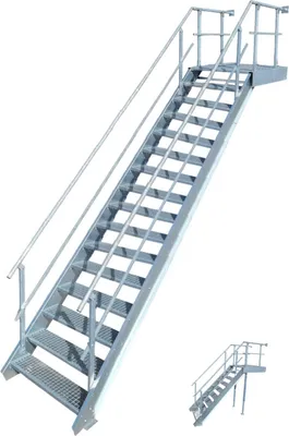 Produktbild von 15 Stufen + Podest Stahltreppe mit beids. Geländer / Stufenbreite 100cm / Geschosshöhe 274-340cm