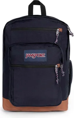 A navy blue Jansport rucksack with brown accents is shown against a white background.