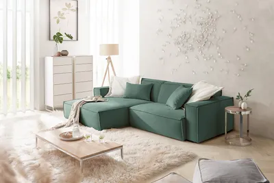 Produktbild von KAWOLA Sofa SAMU Ecksofa Feincord grün Recamiere links
