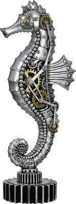 Image de Gilde Figur, Seepferd, "Steampunk Seahorse", Zahnradmotiv, Kunstharz, silberfarben, VE 2, L. 9 cm, B. 12 cm, H. 32 cm