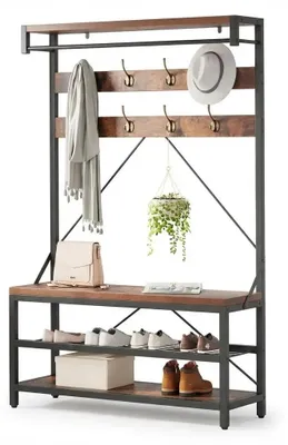 Image de Meuble d'entrée avec banc - 8 crochets - barre de suspension - 2 étagères - étagère à chaussures - structure métallique - 112 x 40 x 182,5 cm