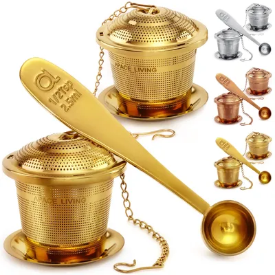 Theeset mit 2 Edelstahl-Sieben, Teelöffel, Abtropfschalen, Gold