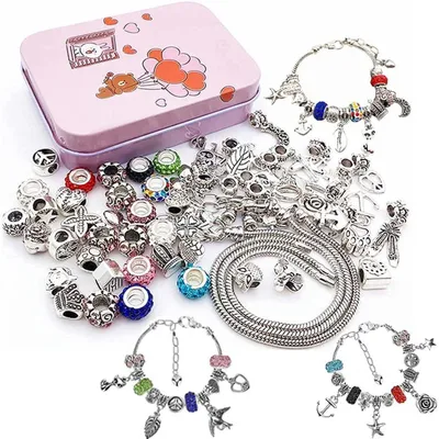 Produktbild von Armband Bastelset für Kinder und Erwachsene mit Perlen und Anhängern, 3 verstellbare Schlangenarmbänder, Aufbewahrungsbox