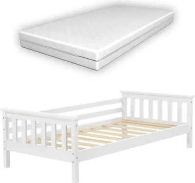 Produktbild von Kinderbett Nuuk mit Komfort-Matratze 70x140 cm Jugendbett mit Stauraum und Lattenrost Kojenbett Kiefernholz Sperrholz Weiß