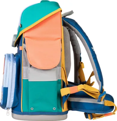 Side view of a colorful school backpack.