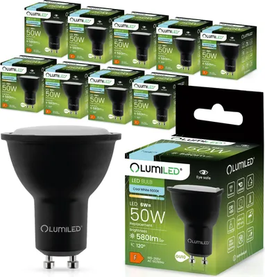 Produktbild von LUMILED GU10 LED 6W 580lm žiarovka 6500K studená biela lampa reflektor čierna nahrádza 50W 120° reflektorové žiarovky reflektor 10 žiaroviek