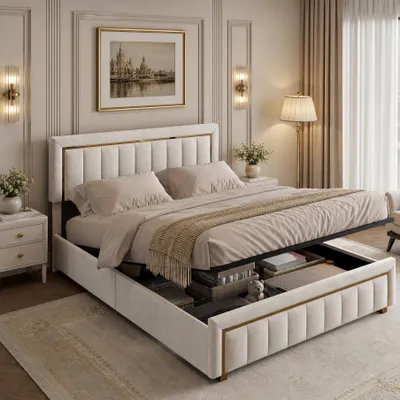 Produktbild von INONEFT Hydraulisches Stauraumbett 140x200cm, Boxspringbett mit lattenrost, Polsterbett Doppelbett, jugendbett, Bettgestell, Samt, Beige