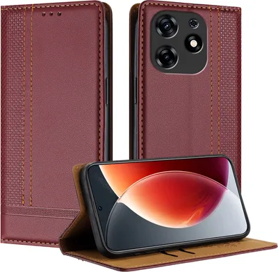 Produktbild von Handyhülle für Tecno Spark 10 Pro Leder Flip Klappbare Schutzhülle mit Standfunktion Dunkelrot
