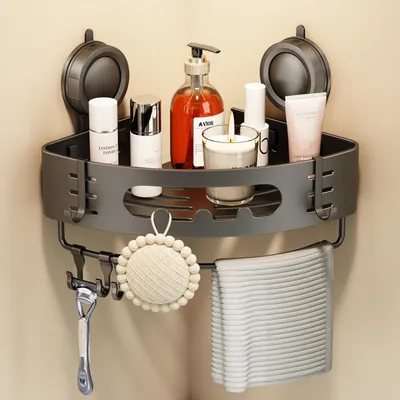 Image de Étagère d'angle pour douche, sans perçage, avec ventouse, porte-serviette, gris, 1 pièce