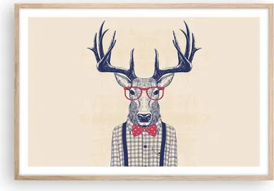 Produktbild von Gerahmtes Poster - Rahmen in heller Eiche - Charakter Hirsch Illustration hipster - 91,5x61 cm - Wand Bild - Wanddeko - Wandbilder - Wandposter - Bilderrahmen - Bilder - Kunstdruck - P2NAA91x61-3120