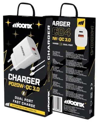 Zdjęcie produktu dla Moonx Ładowarka Sieciowa Mc04 Pd 20W 1Xusb-C + 1Xusb Qc3.0 + Kabel Usb-C - Usb-C Biały