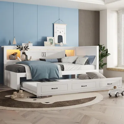 Produktbild von STILVORA Schlafsofa 90×200cm Daybett Kinderbett mit LED-Leuchten, Tagesbett ausziehbar Holzbett mit Steckdose + USB & Bettseitiges Staufach,Weiß(Ohne Matratze)