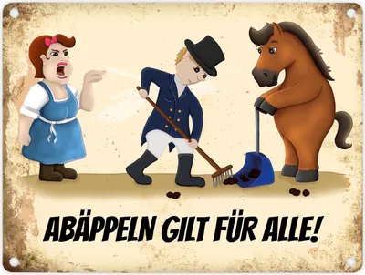 Produktbild von Metallschild mit Reiter und Pferde Motiv und Spruch: Abäppeln gilt für alle