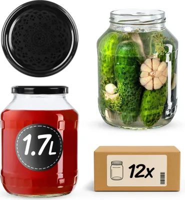 Produktbild von KADAX Einmachgläser 1,7L mit fi89 Schraubdeckel, Große Konservengläser mit weiter Öffnung zum Einlegen von Gurken, Kimchi & Sauerkraut, Gläser zum Einkochen und Fermentieren (Schwarze Spitze, 12 Stück)