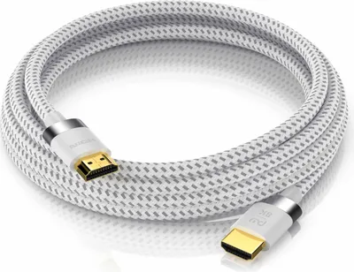 A coiled white and gray HDMI cable with gold-plated connectors.