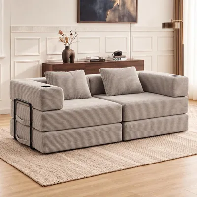 Produktbild von Modulares Sofa 2-Sitzer Cord,Klappbar & Ausziehbar als Schlafsofa,Mit 2 Kissen, Becherhaltern & Seitentasche,Weich & Ohne Montage