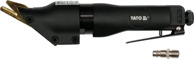 A black pneumatic metal shear with gold cutting blades is shown against a white background.