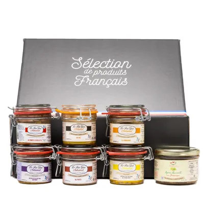Immagine prodotto di Confezione regalo Larroun - 6 varietà di foie gras (Espelette, Nature, Armagnac, Fico, Porto, Limone) + crema spalmabile Jurançon | Edizione Gourmet