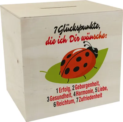 Produktbild von Marienkäfer Spardose aus Holz mit Spruch Sieben Glückspunkte