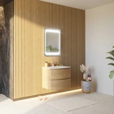Produktbild von Hängendes Badezimmermöbel, gebogen, 70 cm mit Harzwaschbecken und Spiegel | Los Angeles