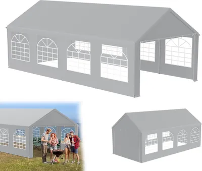 Obrázek produktu pro UISEBRT 4x8m prémiový párty stan pavilon s bočními stěnami, voděodolný a ziměodolný, zahradní stan s oknem v bočních stěnách, velký stan pro svatby a zahradní párty, PE střecha, šedý