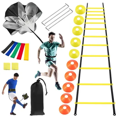 Produktbild von Fußballtraining-Zubehör-Set, bestehend aus 21 Teilen: Koordinationsleiter, Schusstrainer und Hütchen