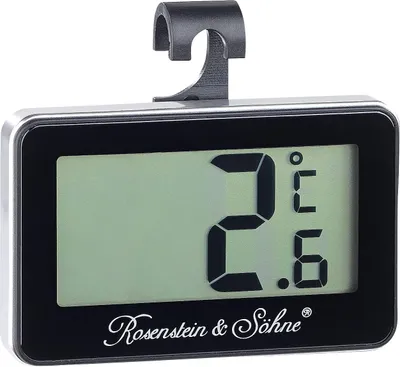 A digital thermometer with a hook at the top.