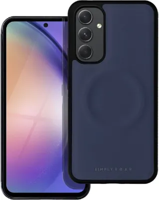 A smartphone with a navy blue case is shown.