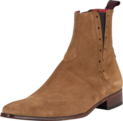 A single brown suede boot is shown against a white background.