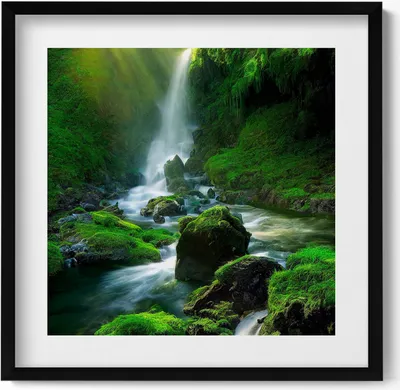 Produktbild von Wasserfall und Felsen– Wandbild mit Rahmen – Gerahmtes Bild  – Wanddekoration – 50x50 cm –  Schwarz Rahmen