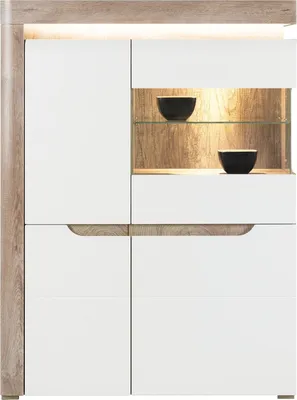 Produktbild von Furniture24 Vitrine Irma IM5 Wohnzimmerschrank Schrank Vitrinenschrank Highboard 4 Türen Led Beleuchtung Eiche/Weiß Hochglanz