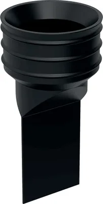 A black plumbing trap with a funnel-like top and a flat blade extending downwards.