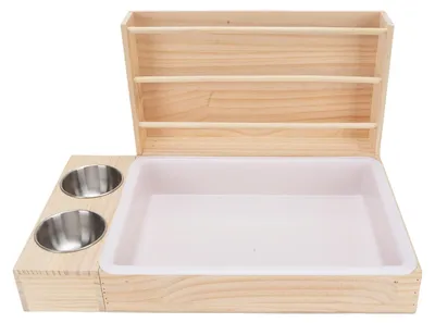3-in-1 Holz-Heuraufe mit Katzenklo und Näpfen