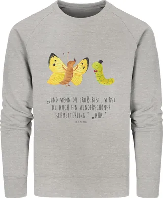 Produktbild von Mr. & Mrs. Panda Baumwoll Pullover Raupe Schmetterling Größe XL - Heather Grey - Geschenk, Schönheit, Pulli, Sweatshirt, Zitronenfalter, Lustige Sprüche, Sweater, Kokon
