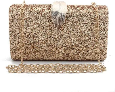 Immagine prodotto di Pochette da donna in oro giallo con tracolla lunga, ideale per matrimoni e feste