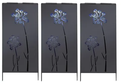 Image de Lot de 3 Panneaux Occultants à Planter en Métal - Eclairage d'ambiance Blanc Froid Solaire Motif Floral - 50 x H 118 cm