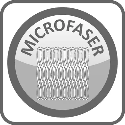 A circular badge with the text "MICROFASER" and an illustration of fabric fibers.
