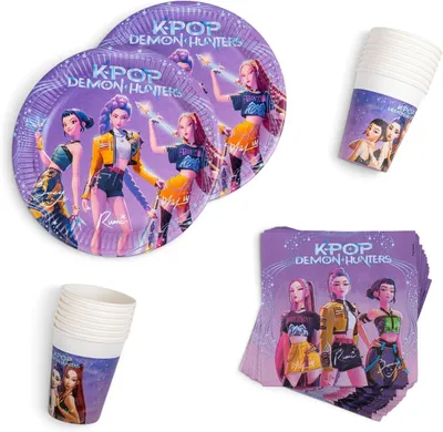 Productafbeelding van KPop Demon Hunters verjaardagsdecoratie - 52 stuks - Papieren borden - Bekers en servetten voor kinderfeestjes - Feesttafelgerei