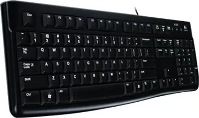 A black Logitech K120 keyboard is shown from a diagonal angle against a white background.