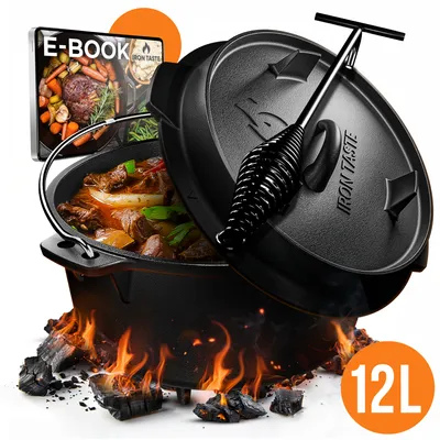 Image de IRON TASTE Dutch Oven Set - Dutch Oven brûlé - Marmite en fonte avec lève-couvercle pratique & dessous de plat en acier inoxydable avec pieds / 12