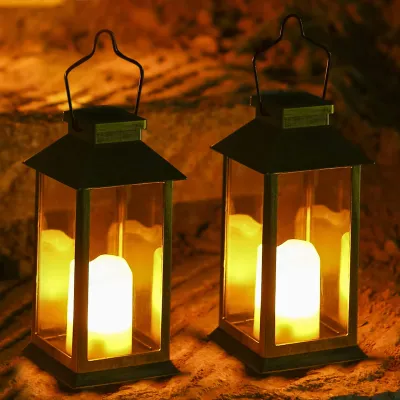 Solarlaterne 2er-Set, LED-Kerze, IP44, ABS, schwarz, 22x10 cm