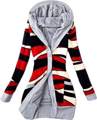Produktbild von ASKSA Damen Drucken Strickpullover Strickjacke Knopf Plüschjacke mit Taschen Mittellange Sweater, Schwarz, M