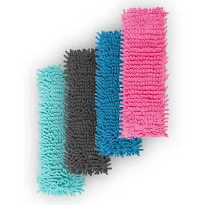 A set of five colorful microfiber mop heads arranged diagonally on a white background.