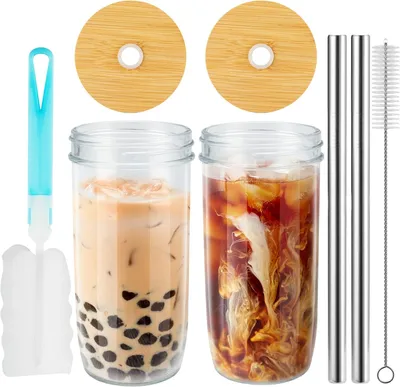 Image de Verre avec paille et couvercle, verres à café glacé 24 oz, lot de 2 verres avec couvercle