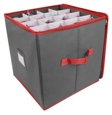 Imagen del producto de Caja para guardar adornos navideños (64 unidades) - con asa y tapa - Organizador de decoración navideña - Caja de tela no tejida - color gris - 33x33x33 cm